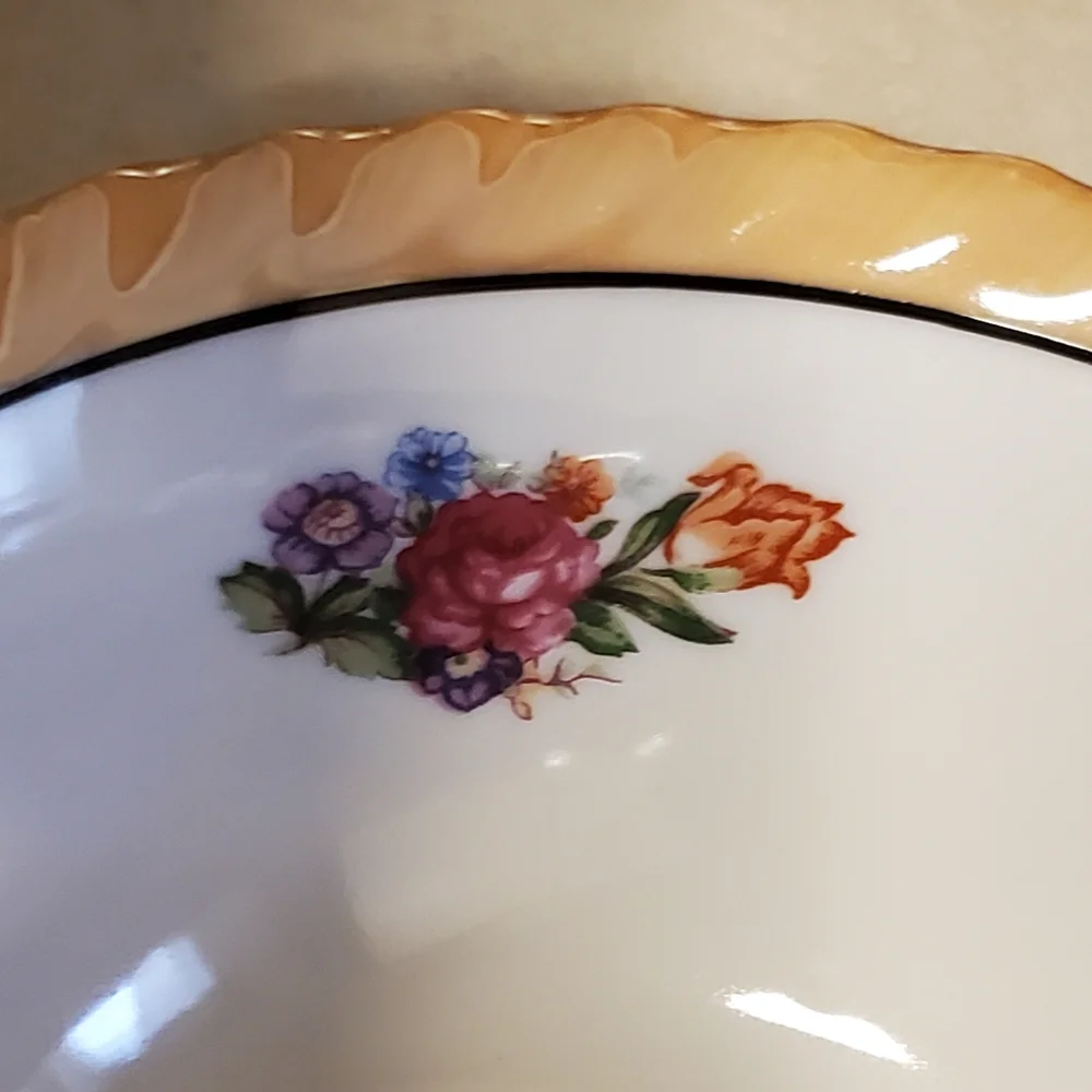 Vintage serving bowl with flowers, gold trim and holographic glaze trim